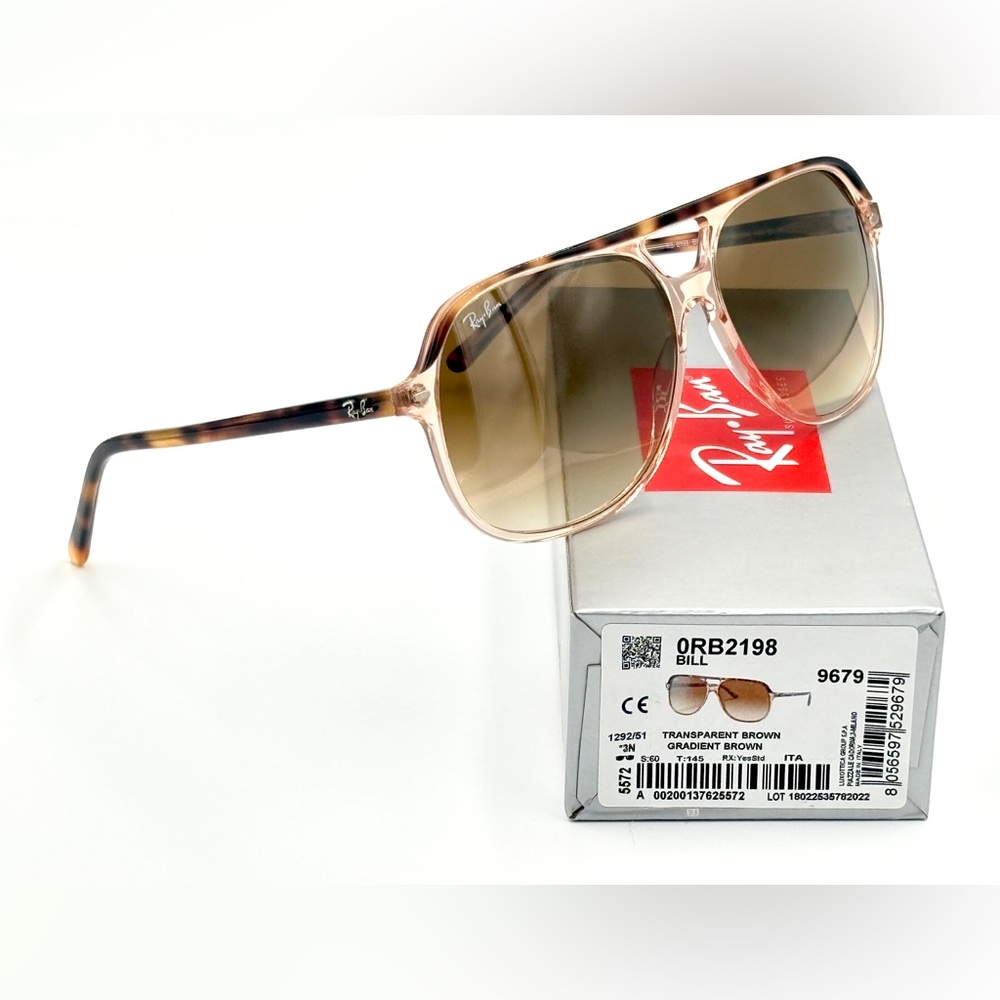 RAY-BAN BILL SQUARE SUNGLASSES TRANSPARENT BROWN GRADIENT RB2198 60-14-140 260 - Picture 6 of 12